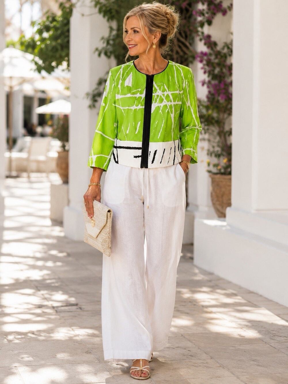 SoCa St John Cropped Zipper Lime Green White Black Abstract Print Jacket Size 12